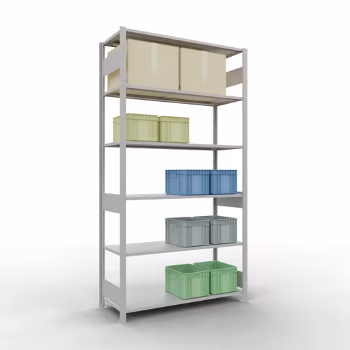 Extra afbeelding van het artikel Basisplank, legbord, insteeksysteem MULTIplus150, 2500 x 1300 x 500 mm (HxBxD), 6 legborden, lengtestangen, RAL 7035 lichtgrijs Extra afbeelding van het artikel Basisplank, legplank, insteeksysteem MULTIplus150, 2500 x 1300 x 500 mm, 6 legborden, lengtestangen, RAL 7035 lichtgrijs van basisplank