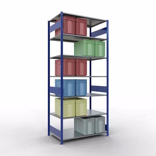 Basisstelling, legbordstelling, insteeksysteem MULTIplus150, 3000 x 1300 x 800 mm (HxBxD), 7 legborden, lengtestangen, RAL 5010 gentiaanblauw/verzinkt met de GTIN 4004514281418 Basisplank, legplank, insteeksysteem MULTIplus150, 3000 x 1300 x 800 mm, 7 legborden, lengtestangen, RAL 5010 gentiaanblauw/verzinkt van Schulte Lagertechnik met het artikelnr. 12782-130-LR-B