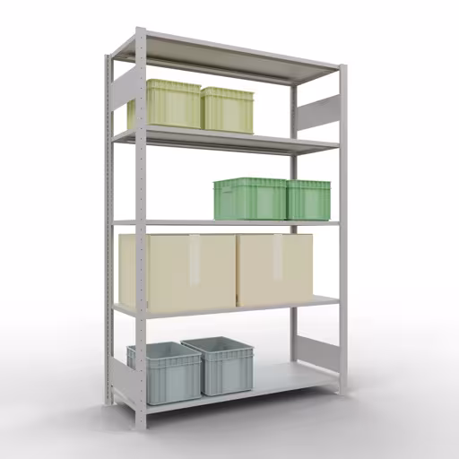 Basisplank, legbord, insteeksysteem MULTIplus150, 2000 x 1300 x 500 mm (HxBxD), 5 legborden, lengtestangen, RAL 7035 lichtgrijs met de GTIN 4004514292971 Basisplank, plankplank, insteeksysteem MULTIplus150, 2000 x 1300 x 500 mm, 5 planken, lengtestangen, RAL 7035 lichtgrijs van Schulte Lagertechnik met het artikelnr. 32650-130-LR