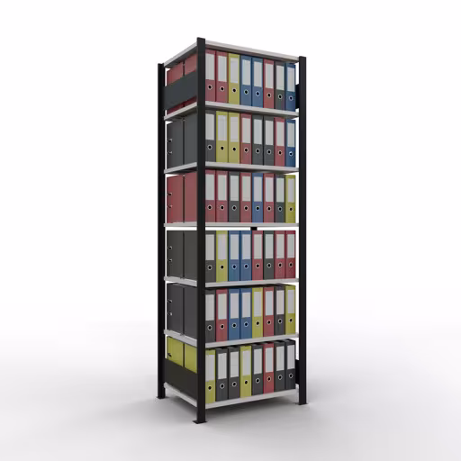 Basisplank, kantoorrek, insteeksysteem MULTIplus150, 2300 x 750 x 600 mm, 7 planken, lengtestangen, met middenaanslag, zwart/lichtgrijs uit de categorie insteeksysteem met de GTIN 4004514250018 , kantoorrekkensysteem MULTIplus150, 2300 x 750 x 600 mm, 7 planken, met middenaanslag, zwart/lichtgrijs van Schulte Lagertechnik uit het assortiment kantoorrekken