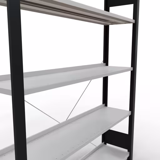 Productafbeelding nr. 13 van het artikel basisplank, kantoorplank, insteeksysteem MULTIplus85, 1800 x 1300 x 300 mm, 5 planken, kruisschoor, met stoplijst, zwart/lichtgrijs Figuur nr. 13 van het artikel Basisplank, kantoorplank MULTIplus85 insteeksysteem, 1800 x 1300 x 300 mm, 5 planken, kruisschoor, met aanslagbalk, zwart/lichtgrijs uit de productgroep Office Shelves van Schulte Lagertechnik.