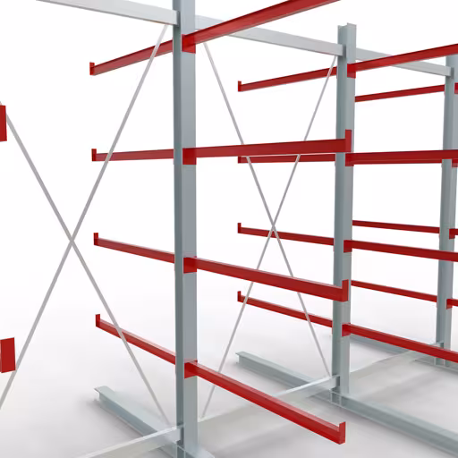 Productafbeelding nr. 10 van artikel K 6000 compleet legbord, dubbelzijdig, 3000 x 4500 x 2x 1250 mm, RAL 7001 / RAL 3000, 5 opslagniveaus Figuur nr. 10 van het artikel K 6000 complete stelling, dubbelzijdig, 3000 x 4500 x 2x 1250 mm, RAL 7001 / RAL 3000, 5 opslagniveaus uit de productgroep draagarmstellingen van Schulte Lagertechnik.