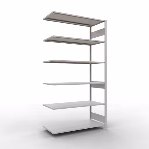 Aanbouwrekken, legborden, insteeksysteem MULTIplus150, 2500 x 1300 x 600 mm (HxBxD), 6 legborden, lengtebalk, RAL 7035 lichtgrijs, aanbouwplank, art.nr. 32666-130-LR