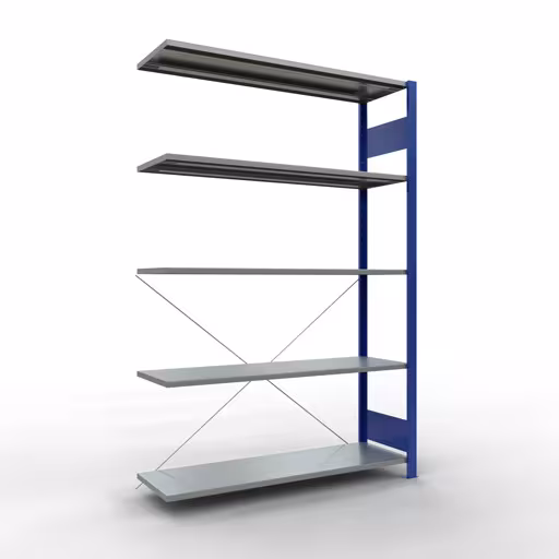 Aanbouwrekken, rekken, insteeksysteem MULTIplus150, 2000 x 1300 x 400 mm (HxBxD), 5 planken, kruisschoor, RAL 5010 gentiaanblauw/gegalvaniseerd van Schulte Lagertechnik Aanbouwrekken, rekken, insteeksysteem MULTIplus150, 2000 x 1300 x 400 mm (HxBxD), 5 legborden, kruisschoor, RAL 5010 gentiaanblauw/verzinkt, aanbouwplank, art.nr. 12745-130-B