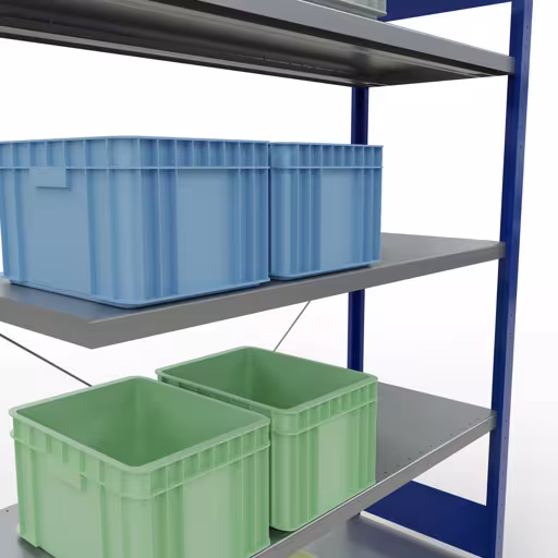 Productafbeelding nr. 12 van het artikel Aanbouwrekken, legbordstellingen, insteeksysteem MULTIplus250, 2000x1300x500 mm (HxBxD), 5 legborden, kruisschoor, RAL 5010 gentiaanblauw/verzinkt Afbeelding nr. 12 van het artikel aanbouwrekken, legbordstellingen, insteeksysteem MULTIplus250, 2000 x 1300 x 500 mm, 5 legborden, kruisschoor, RAL 5010 gentiaanblauw/verzinkt uit de productgroep insteeksysteem van Schulte Lagertechnik.