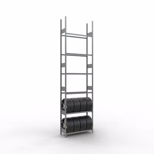 Basisrek, wielen-/bandenrek, 4500 x 1200 x 400 mm, verzinkt, 6 opbergniveaus met 150 kg vakbelasting per niveau uit de categorie auto-onderdelenopslag met GTIN 4004514265685 Basisrek, wielen-/bandenrek, 4500 x 1200 x 400 mm, verzinkt, 6 opslagniveaus met 150 kg vakbelasting per niveau van Schulte Lagertechnik uit het assortiment stellingstellingen