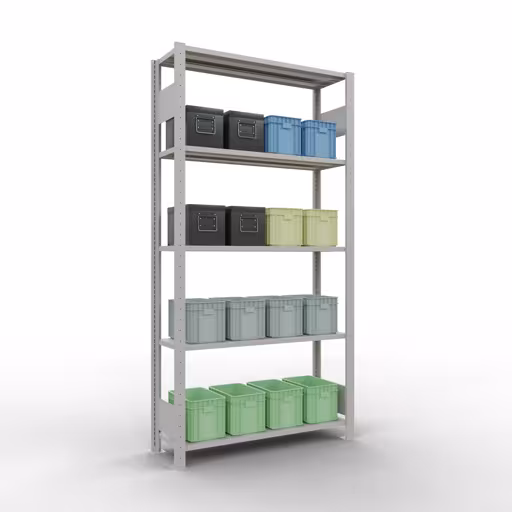 Basisplank, legbord, insteeksysteem MULTIplus150, 2000 x 1000 x 300 mm, 5 legborden, lengtestangen, RAL 7035 lichtgrijs van het merk Schulte Lagertechnik uit het assortiment insteeksysteem