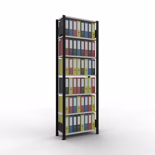 Basisstelling, kantoorstelling, insteeksysteem MULTIplus85, 2300 x 750 x 300 mm, 7 planken, dwarsschoor, zonder aanslaglijst, zwart/lichtgrijs van Schulte Lagertechnik uit het assortiment kantoorrekken
