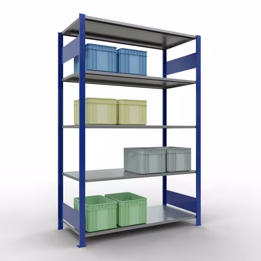 Basisplank, legbord, insteeksysteem MULTIplus150, 2000 x 1300 x 600 mm (HxBxD), 5 legborden, lengtestangen, RAL 5010 gentiaanblauw/verzinkt met artikelnr. 12760-130-LR-B Basisplank, legbord, insteeksysteem MULTIplus150, 2000 x 1300 x 600 mm, 5 legborden, RAL 5010 gentiaanblauw/verzinkt van Schulte Lagertechnik uit de categorie insteeksystemen
