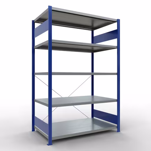 Basisplank, legplank, insteeksysteem MULTIplus250, 2000 x 1300 x 800 mm (HxBxD), 5 legborden, kruisschoor, RAL 5010 gentiaanblauw/verzinkt, basisplank, art.nr. 12980-130-B