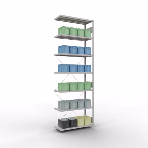 Aanbouwstelling, stellingkast MULTIplus250 insteeksysteem, 3000 x 1000 x 400 mm (HxBxD), 7 legborden, kruisschoor, RAL 7035 lichtgrijs met de GTIN 4004514204172 Aanbouwrekken, legbordstellingen, insteeksysteem MULTIplus250, 3000 x 1000 x 400 mm, 7 legborden, kruisschoor, RAL 7035 lichtgrijs van Schulte Lagertechnik met artikelnr. 32847