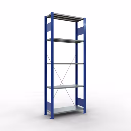 Basisplank, legplank, insteeksysteem MULTIplus150, 2000 x 750 x 300 mm (HxBxD), 5 legborden, kruisschoor, RAL 5010 gentiaanblauw/verzinkt/verzinkt, basisplank, art.nr. 12730-75-B