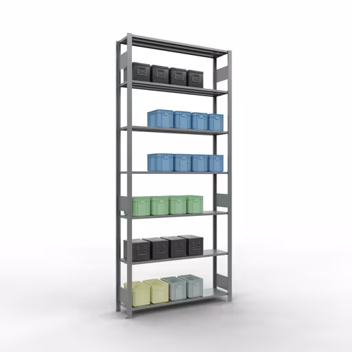 Extra afbeelding van het artikel Basisplank, legbord, insteeksysteem MULTIplus150, 3000 x 1300 x 300 mm (HxBxD), 7 legborden, lengtestangen, verzinkt Extra afbeelding van het artikel Basisplank, legplank, insteeksysteem MULTIplus150, 3000 x 1300 x 300 mm, 7 legborden, lengtestangen, verzinkt vanaf basisplank