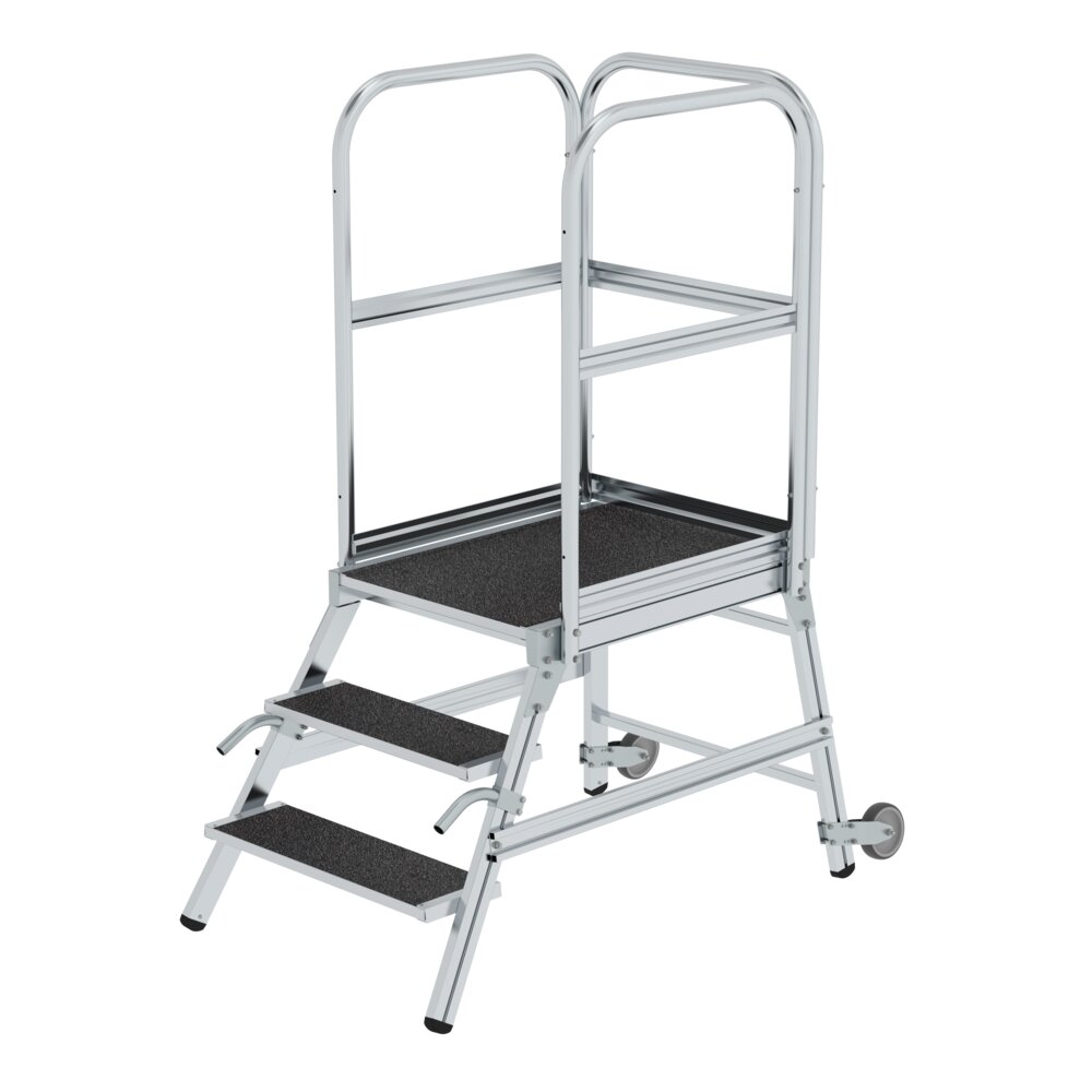 Munk platformtrap, toegankelijk vanaf één zijde, met wielen en handgrepen, korundcoating, R13, 3 treden, van Günzburger Steigtechnik Munk platformtrap, toegankelijk vanaf één zijde, met wielen en handgrepen, korundcoating R13, uit de categorie "Platformtrappen" met artikelnummer 055103