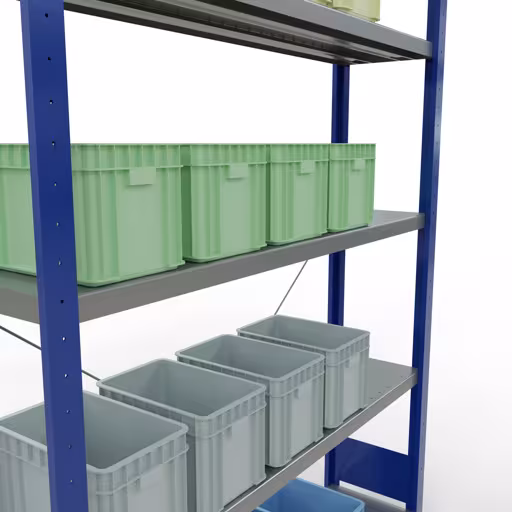 Productafbeelding nr. 13 van het artikel basisplank, legbord, insteeksysteem MULTIplus250, 2000 x 1300 x 300 mm (HxBxD), 5 legborden, kruisschoor, RAL 5010 gentiaanblauw/verzinkt Figuur nr. 13 van het artikel basisrek, legplank, insteeksysteem MULTIplus250, 2000 x 1300 x 300 mm, 5 legborden, kruisschoor, RAL 5010 gentiaanblauw/verzinkt uit de insteeksysteem productgroep van Schulte Lagertechnik.