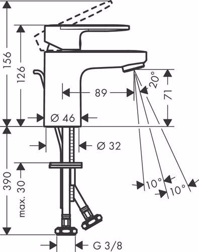 Technische Zeichnung 4038244 Hansgrohe ééngreeps wastafelmengkraan VERNIS Blend 70 met 1 1/4 inch Baduitloop chroom