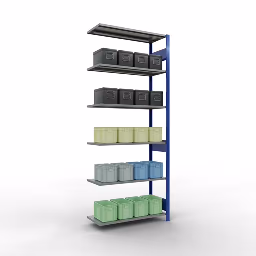 Andere weergave van het artikel Aanbouwrekken, legbord, insteeksysteem MULTIplus150, 2500 x 1000 x 400 mm, 6 legborden, RAL 5010 gentiaanblauw/verzinkt uit de categorie aanbouwrekken