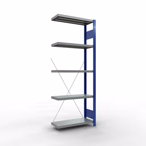 Aanbouwrekken, rekken, insteeksysteem MULTIplus250, 2000 x 750 x 300 mm (HxBxD), 5 planken, kruisschoor, RAL 5010 gentiaanblauw/verzinkt/verzinkt van Schulte Lagertechnik Aanbouwrekken, rekken, insteeksysteem MULTIplus250, 2000 x 750 x 300 mm (HxBxD), 5 legborden, kruisschoor, RAL 5010 gentiaanblauw/verzinkt/verzinkt, aanbouwplank, art.nr. 12935-75-B