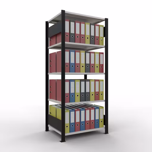 Basisplank, kantoorrek, insteeksysteem MULTIplus150, 1800 x 750 x 600 mm, 5 planken, lengtestangen, zonder middenaanslag, zwart/lichtgrijs van Schulte Lagertechnik met het artikelnr. 36054-S