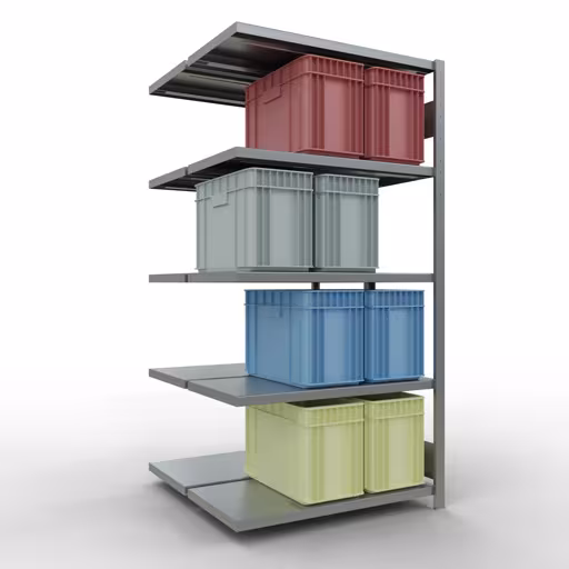 Aanbouwstelling, dubbele stelling, stellingsysteem MULTIplus250, 2000 x 1000 x (2x500) mm (HxBxD), 2x5 planken, lengtestangen, verzinkt uit de categorie dubbele stelling met de GTIN 4004514262080 Aanbouwrekken, dubbele rekken, rekkensysteem MULTIplus250, 2000 x 1000 x (2x500) mm, 2x5 planken, lengtestangen, verzinkt van Schulte Lagertechnik uit het rekkenprogramma