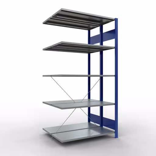 Extra afbeelding van het artikel Aanbouwplank, dubbele plank, legplank-insteeksysteem MULTIplus150, 2000 x 1000 x (2x400) mm, 2x5 legborden, RAL 5010 gentiaanblauw uit dubbele legborden
