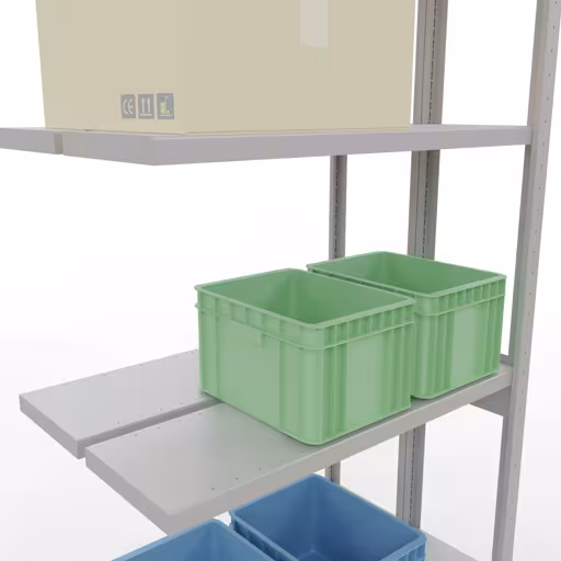 Extra afbeelding van het artikel Aanbouwplank, dubbele plank, legplank-insteeksysteem MULTIplus250, 3000 x 1000 x (2x300) mm, 2x7 legborden, lengtestangen, RAL 7035 lichtgrijs van dubbele legborden