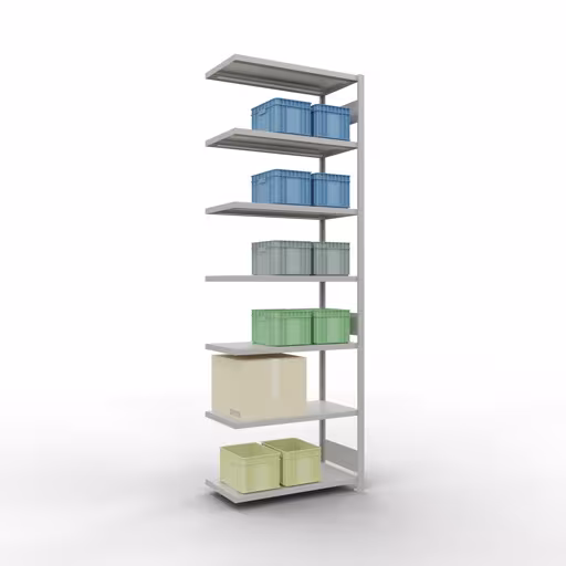 Figuur nr. 13 van het artikel aanbouwrekken, legbordstellingen, insteeksysteem MULTIplus330, 3000 x 1000 x 500 mm, 7 legborden, lengtestangen, RAL 7035 lichtgrijs uit de insteeksysteem productgroep van Schulte Lagertechnik.
