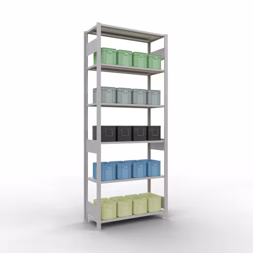 Productafbeelding nr. 13 van het artikel basisplank, legbord, insteeksysteem MULTIplus85, 2500 x 1000 x 400 mm (HxBxD), 6 legborden, lengtestangen, RAL 7035 lichtgrijs Figuur nr. 13 van het artikel basisrek, legplank-insteeksysteem MULTIplus85, 2500 x 1000 x 400 mm, 6 legborden, RAL 7035 lichtgrijs uit de productgroep insteeksysteem van het merk Schulte Lagertechnik.