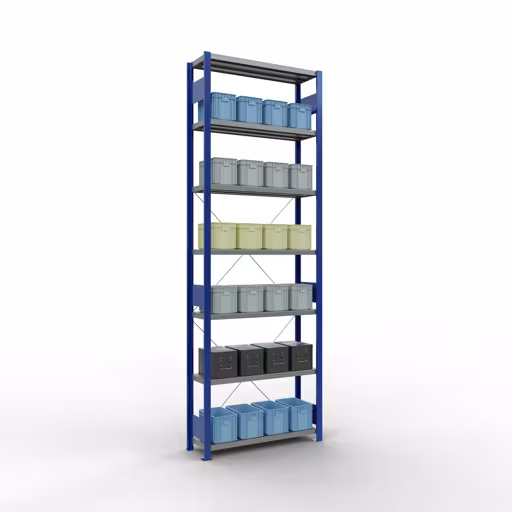 Basisplank, legbord, insteeksysteem MULTIplus250, 3000 x 1000 x 300 mm, 7 legborden, kruisschoor, RAL 5010 gentiaanblauw/verzinkt van het merk Schulte Lagertechnik uit het plug-in systeem-assortiment