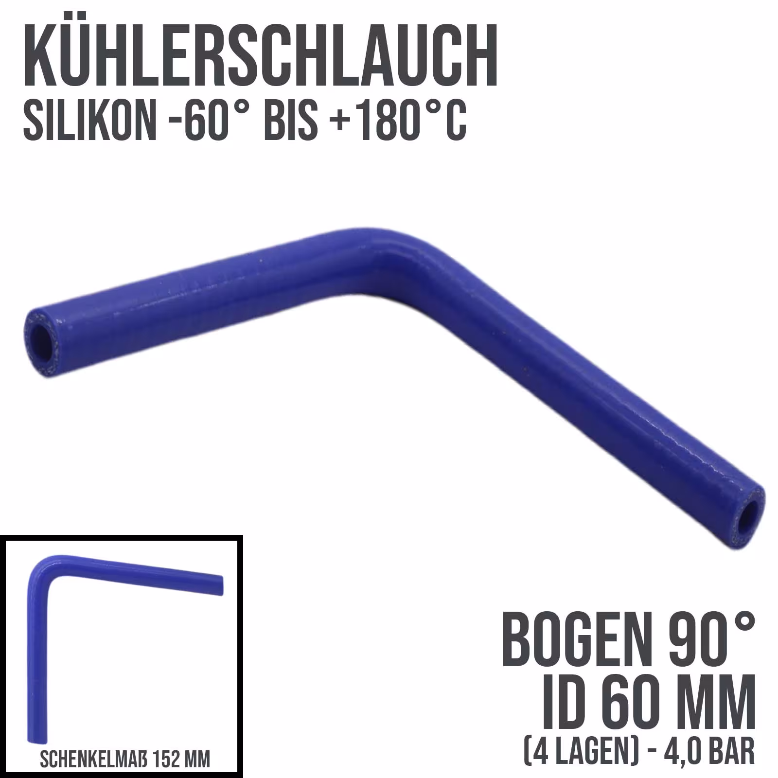 60 x 70 mm radiateurslang siliconen bocht 90° LLK inlaatlucht koelvloeistofslang universeel blauw (4,0 bar) - 152mm uit de categorie koelvloeistofslangen met het artikelnummer KSB060-090-152GA
