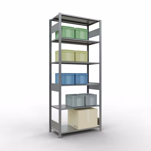 Basisstelling, stelling, insteeksysteem MULTIplus150, 2500 x 1000 x 500 mm (HxBxD), 6 legborden, lengtestangen, verzinkt met GTIN 4004514280466 Basisplank, legbord, insteeksysteem MULTIplus150, 2500 x 1000 x 500 mm, 6 legborden, lengtestangen, verzinkt van Schulte Lagertechnik met het artikelnr. 12751-LR