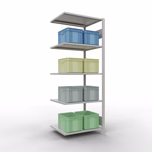 Aanbouwrekken, rekken, insteeksysteem MULTIplus150, 2000 x 750 x 600 mm (HxBxD), 5 legborden, lengtestangen, RAL 7035 lichtgrijs uit de categorie aanbouwrekken met GTIN 4004514293312 Aanbouwrek, stelling, insteeksysteem MULTIplus150, 2000 x 750 x 600 mm, 5 legborden, lengtestangen, RAL 7035 lichtgrijs van Schulte Lagertechnik uit het assortiment insteeksysteem