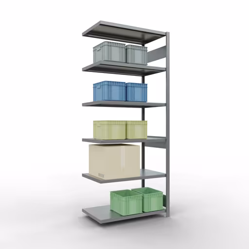 Figuur nr. 15 van het artikel aanbouwrekken, legbordstellingen, insteeksysteem MULTIplus250, 2500 x 1000 x 600 mm, 6 legborden, lengtestangen, verzinkt uit de insteeksysteem productgroep van Schulte Lagertechnik.