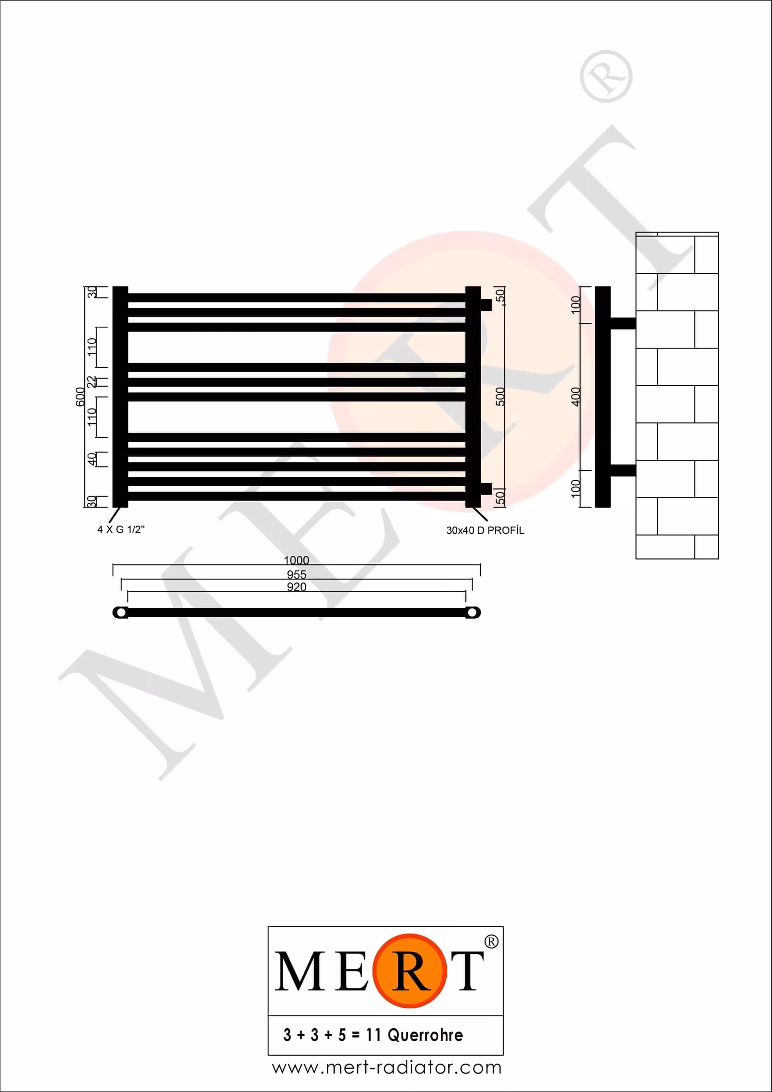 Productgroep MERT vervangende badkamerradiator wit recht, aansluiting aan de zijkant MERT vervangende badkamerradiator wit recht, 1000*600 mm, aansluiting zijkant 500 mm van het merk MERT uit de categorie radiatoren