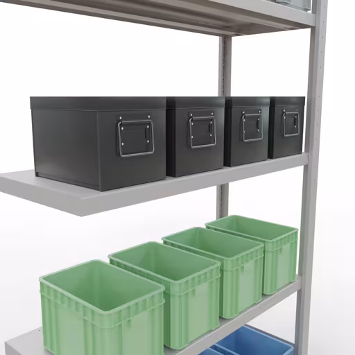 Figuur nr. 12 van het artikel aanbouwrekken, legbordstellingen, insteeksysteem MULTIplus250, 2000 x 1000 x 400 mm, 5 legborden, lengtestangen, RAL 7035 lichtgrijs uit de insteeksysteem productgroep van Schulte Lagertechnik.
