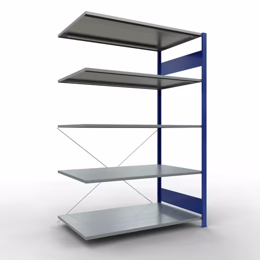 Extra afbeelding van het artikel Aanbouwplank, legplank, insteeksysteem MULTIplus150, 2000 x 1300 x 800 mm, 5 legborden, kruisschoor, RAL 5010 gentiaanblauw/verzinkt vanaf opzetplank