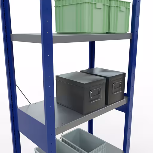 Basisplank, legplank, insteeksysteem MULTIplus250, 2500 x 750 x 400 mm (HxBxD), 6 legborden, kruisschoor, RAL 5010 gentiaanblauw/verzinkt/verzinkt uit de categorie basisplanken met de GTIN 4004514251596 Basisplank, legbord, insteeksysteem MULTIplus250, 2500 x 750 x 400 mm, 6 legborden, kruisschoor, RAL 5010 gentiaanblauw/verzinkt/verzinkt van Schulte Lagertechnik uit het plug-in systeem-assortiment