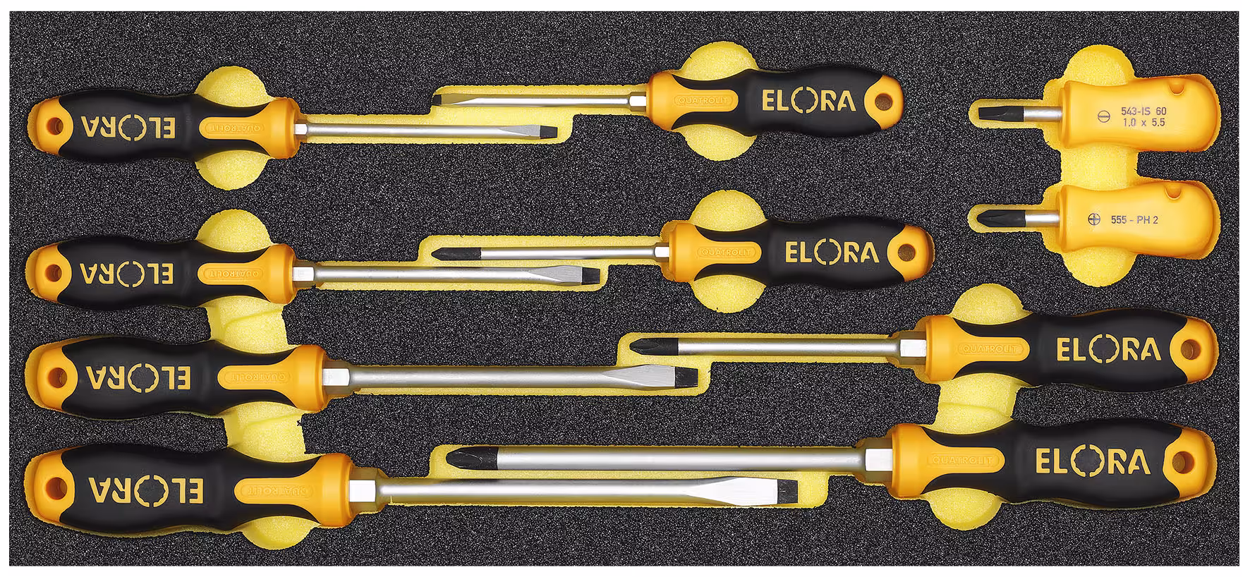 QUATROLIT® 2K schroevendraaierset, 10-delig OMS-7 van ELORA QUATROLIT® 2K schroevendraaierset, 10-delig, ELORA-OMS-7 uit de categorie organisatiesystemen & werkplaatswagens met artikelnr. 0000410701000