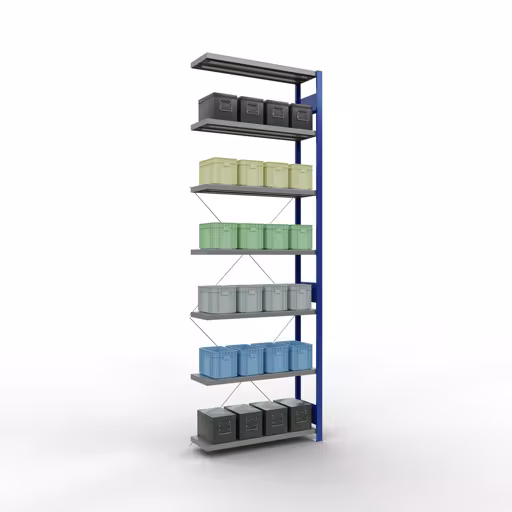 Andere weergave van het artikel Aanbouwplank, legbord, insteeksysteem MULTIplus250, 3000 x 1000 x 300 mm, 7 legborden, kruisschoor, RAL 5010 gentiaanblauw/verzinkt Andere weergave van het artikel Aanbouwplank, legbord, insteeksysteem MULTIplus250, 3000 x 1000 x 300 mm, 7 legborden, kruisschoor, RAL 5010 gentiaanblauw/verzinkt uit de categorie insteeksysteem