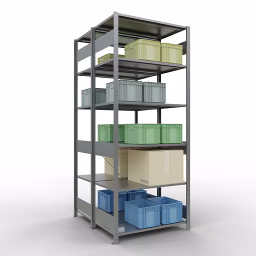 Productafbeelding nr. 12 van het artikel basisplank, dubbele plank, stellingsysteem MULTIplus150, 2500 x 1000 x (2x600) mm (HxBxD), 2x6 planken, kruisschoor, verzinkt Afbeelding nr. 12 van het artikel basisrek, dubbel legbord, legbordinsteeksysteem MULTIplus150, 2500 x 1000 x (2x600) mm, 2x6 legborden, kruisschoor, verzinkt uit de productgroep legbordstellingen van Schulte Lagertechnik