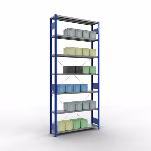 Figuur nr. 12 van het artikel basisrek, legbord, insteeksysteem MULTIplus250, 3000 x 1300 x 300 mm, 7 legborden, kruisschoor, RAL 5010 gentiaanblauw/verzinkt uit de insteeksysteem productgroep van Schulte Lagertechnik.