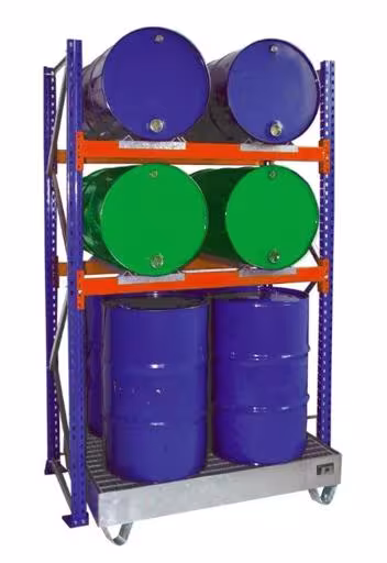 , vatenrek, 2500 x 1350 x 800 mm, blauw/verzinkt/RAL 2004, 2 niveaus voor elk 2 liggende vaten van 200 l; 1 vloerbak 1330 x 1100 mm van Schulte Lagertechnik uit het assortiment palletstellingen