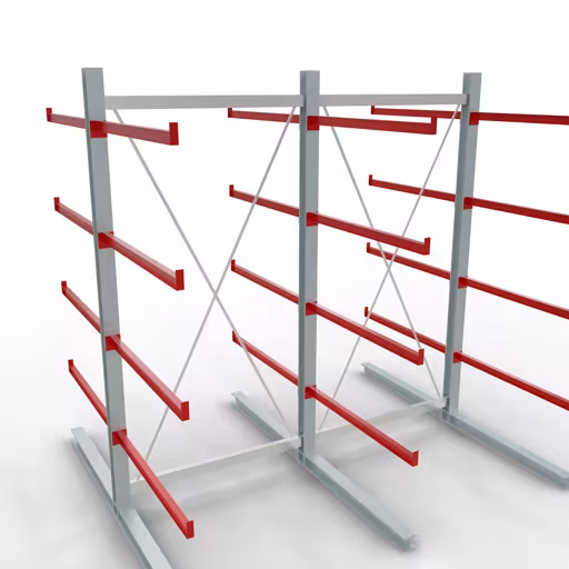 Figuur nr. 10 van artikel K 6000 complete stelling, dubbelzijdig, 3000 x 3000 x 2x 1250 mm, RAL 7001 / RAL 3000, 5 opslagniveaus uit de productgroep draagarmstellingen van Schulte Lagertechnik