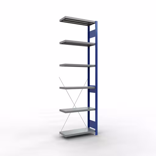 Aanbouwrekken, rekken, insteeksysteem MULTIplus250, 2500 x 750 x 300 mm (HxBxD), 6 legborden, kruisschoor, RAL 5010 gentiaanblauw/verzinkt/verzinkt, aanbouwplank, art.nr. 12936-75-B