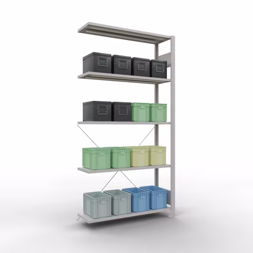 Productafbeelding nr. 15 van het artikel Aanbouwrekken, legbordstellingen, insteeksysteem MULTIplus150, 2000 x 1000 x 300 mm (HxBxD), 5 legborden, kruisschoor, RAL 7035 lichtgrijs Figuur nr. 15 van het artikel aanbouwrekken, legbordstellingen, insteeksysteem MULTIplus150, 2000 x 1000 x 300 mm, 5 legborden, kruisschoor, RAL 7035 lichtgrijs uit de insteeksysteem productgroep van Schulte Lagertechnik.