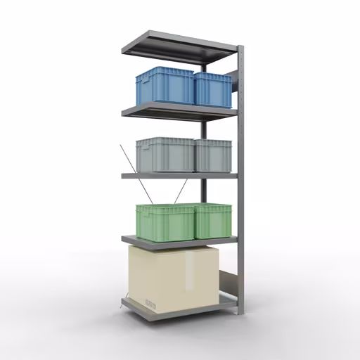 Aanbouwrekken, rekken, insteeksysteem MULTIplus250, 2000 x 750 x 500 mm (HxBxD), 5 legborden, kruisschoor, verzinkt van Schulte Lagertechnik met artikelnr. 12955-75