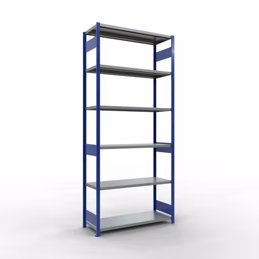 Basisplank, legplank, insteeksysteem MULTIplus250, 3000 x 1300 x 500 mm (HxBxD), 7 legborden, lengtestangen, RAL 5010 gentiaanblauw/verzinkt, basisplank, art.nr. 12952-130-LR-B