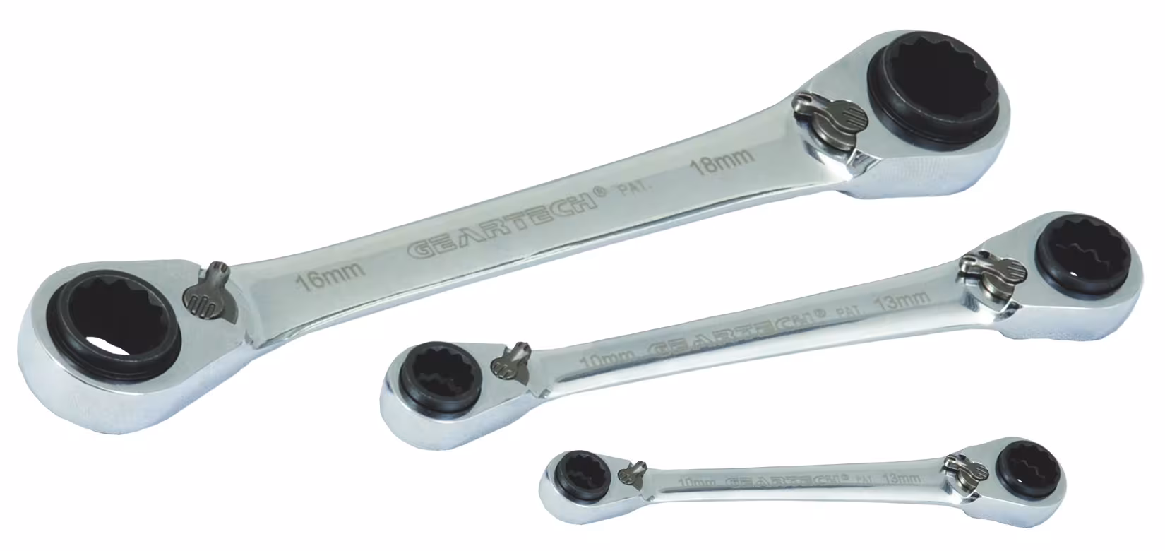 GearTech 4 in 1 dubbele ringsleutelset, 3-delig, 8-10 + 12-13 en 9-11 + 14-15 en 16-17 + 18-19, sleutel, art.nr. 3463