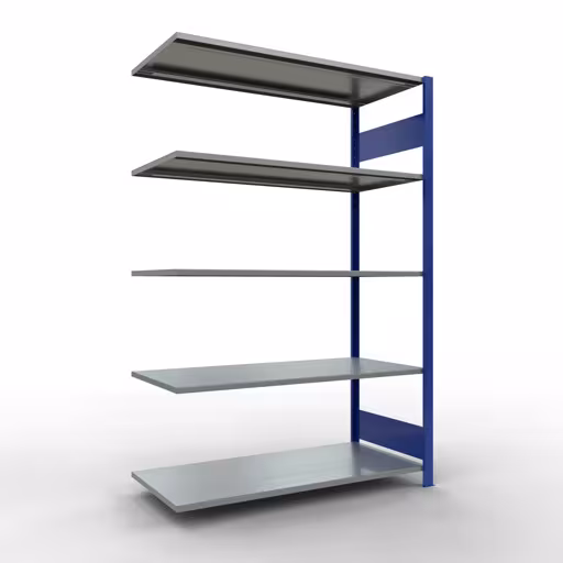 Aanbouwrekken, rekken, insteeksysteem MULTIplus150, 2000 x 1300 x 600 mm (HxBxD), 5 planken, lengtestangen, RAL 5010 gentiaanblauw/gegalvaniseerd van Schulte Lagertechnik Aanbouwrekken, rekken, insteeksysteem MULTIplus150, 2000 x 1300 x 600 mm (HxBxD), 5 legborden, lengtebalk, RAL 5010 gentiaanblauw/verzinkt, aanbouwplank, art.nr. 12765-130-LR-B