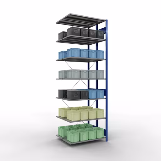 Aanbouwrekken, dubbele rekken, stellingsysteem MULTIplus150, 3000 x 1000 x (2x800) mm (HxBxD), 2x7 planken, kruisschoor, RAL 5010 gentiaanblauw met artikelnr. 32747-B Aanbouwrekken, dubbele rekken, rekkensysteem MULTIplus150, 3000 x 1000 x (2x800) mm, 2x7 planken, RAL 5010 gentiaanblauw van Schulte Lagertechnik uit de categorie rekken